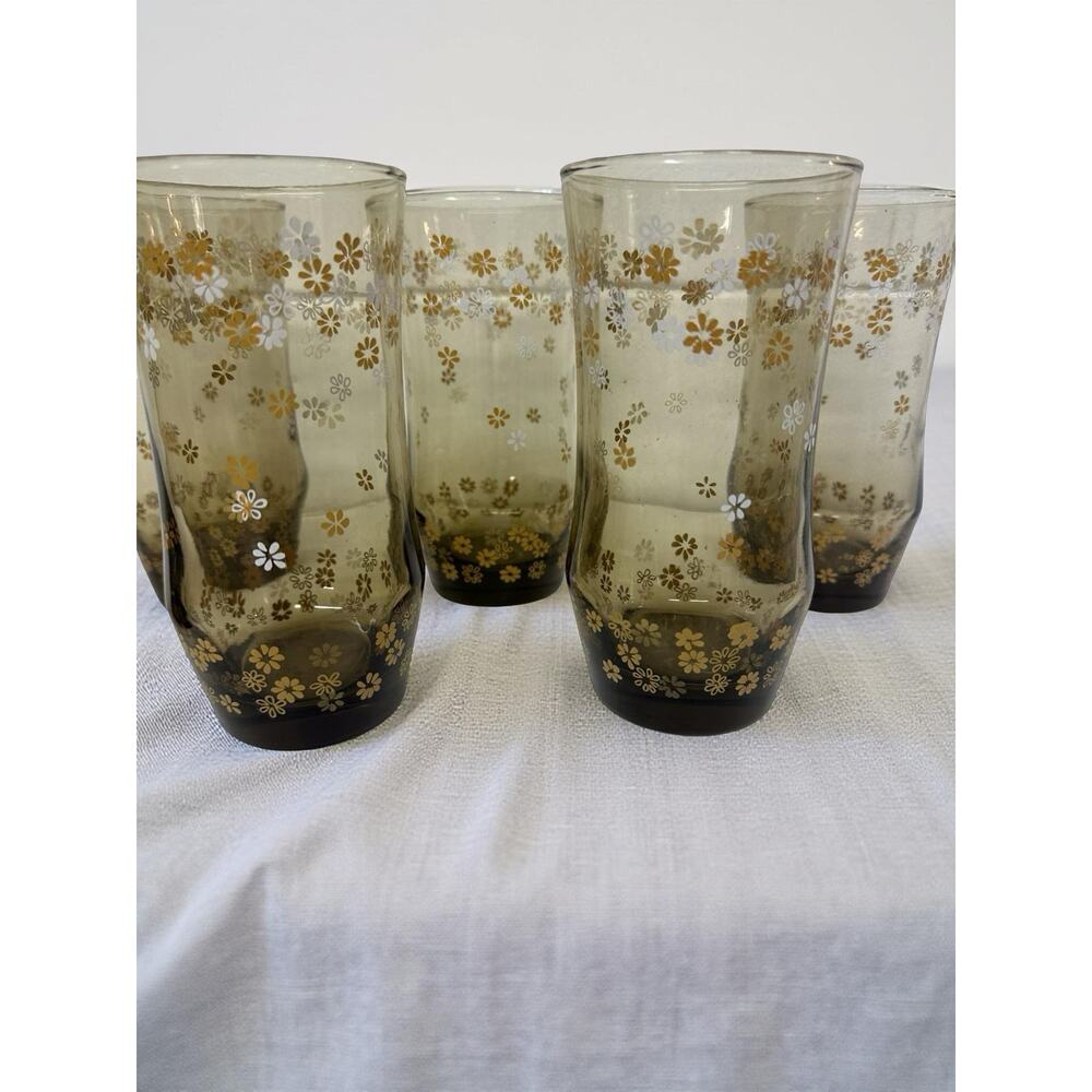 Vintage Amber Floral Tumblers, Mid Century Barware, Set of 6